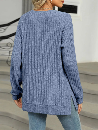 Ribbed Round Neck Long Sleeve T-Shirt