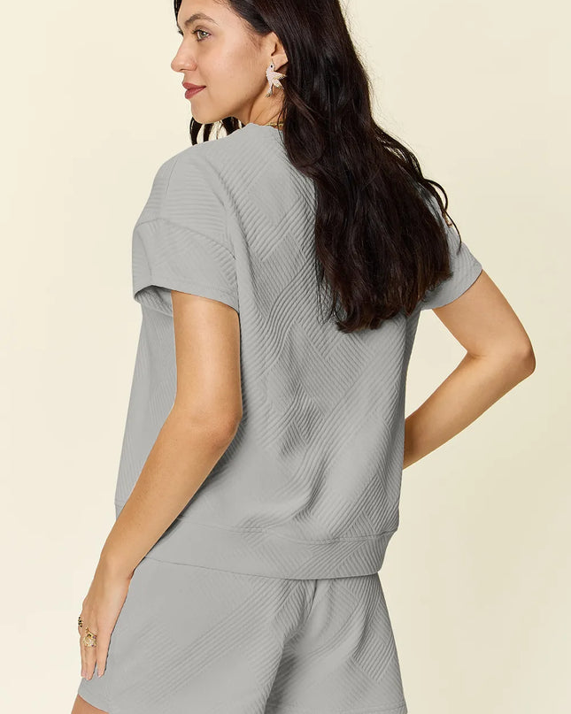 Double Take Full Size Texture Short Sleeve T-Shirt and Drawstring Shorts Set