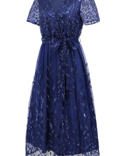 Sequin Leaf Embroidery Tie Front Short Sleeve Dress