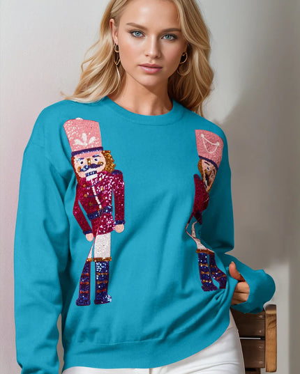 Double Take Full Size Nutcracker Sequin Long Sleeve Sweater Cerulean