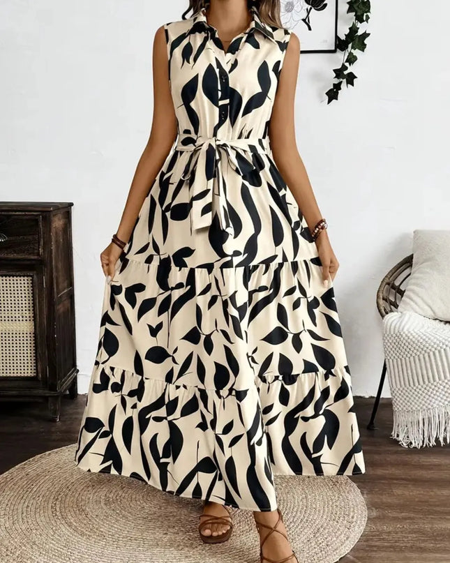 Printed Tie Waist Sleeveless Maxi Dress 