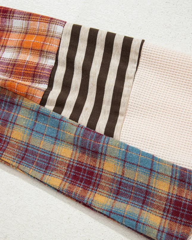 Waffle Stripe Plaid Patchwork Henley Knit Top