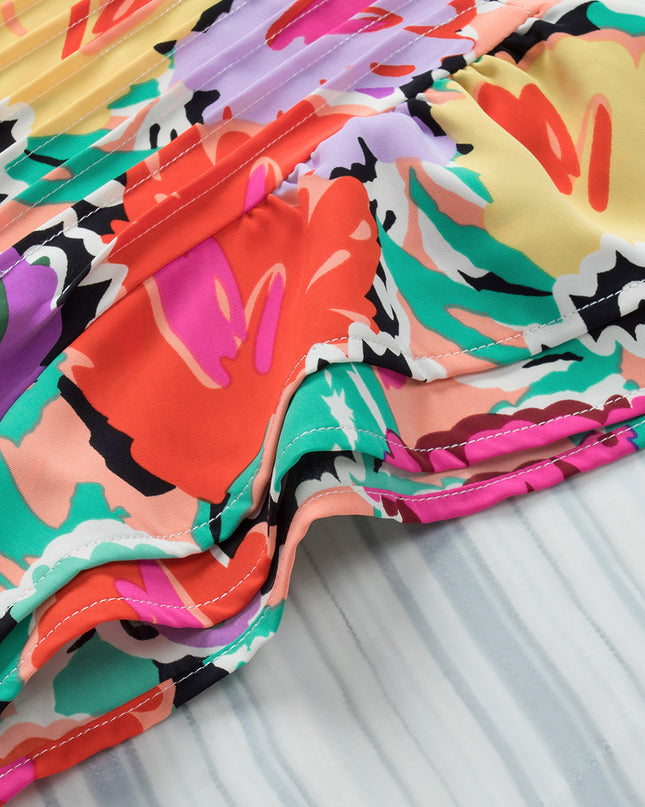 Multicolored Flutter Sleeve Mock Neck Blouse