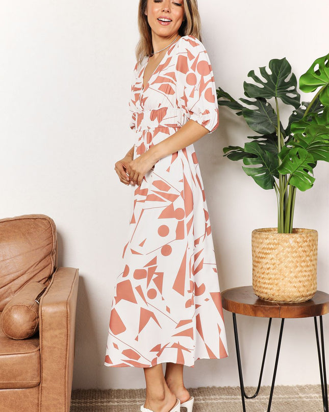 Printed Surplice Balloon Sleeve Dress