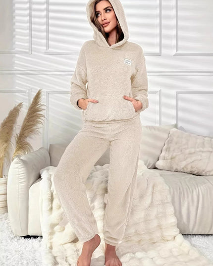 Kangaroo Pocket Long Sleeve Hoodie and Pants Lounge Set Beige