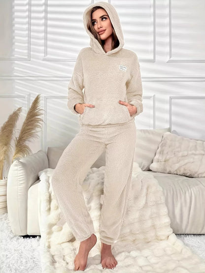 Kangaroo Pocket Long Sleeve Hoodie and Pants Lounge Set Beige