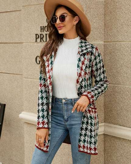 Printed Open Front Lapel Collar Cardigan with Pockets Green
