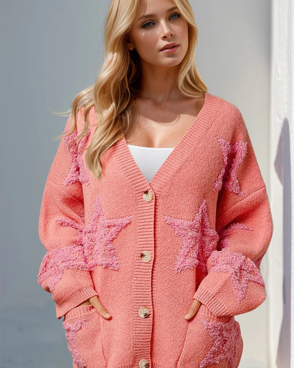 Double Take Full Size Button Up Star Pattern Cardigan Coral