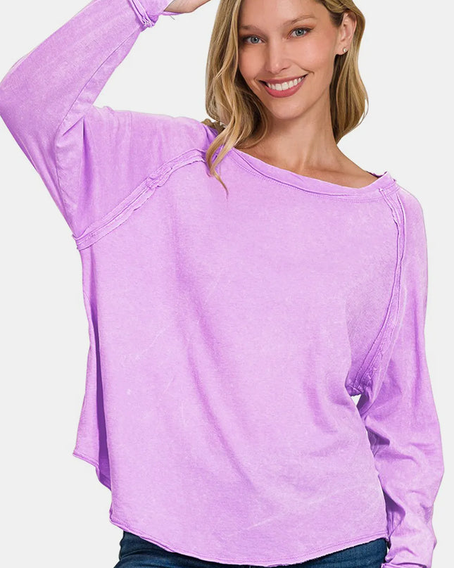 Zenana Round Neck Thumbhole Long Sleeve T-Shirt Lavender