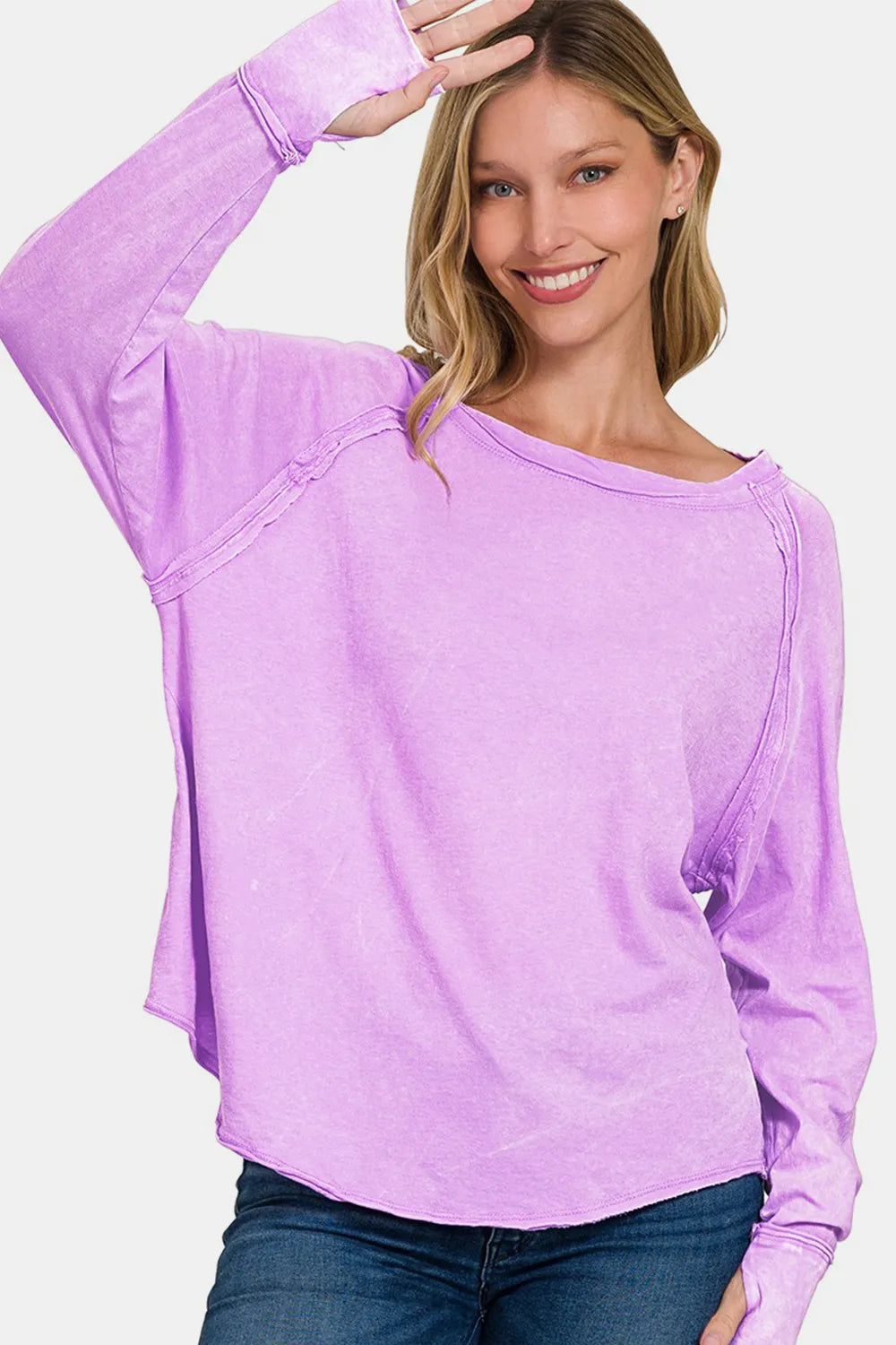 Zenana Round Neck Thumbhole Long Sleeve T-Shirt Lavender