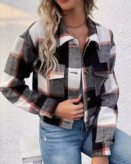 Plaid Button-Down Crop Jacket Black White