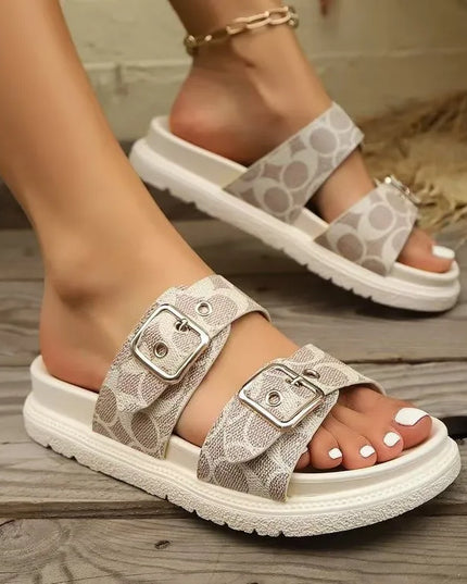 Open Toe Double Buckle Flat Sandals