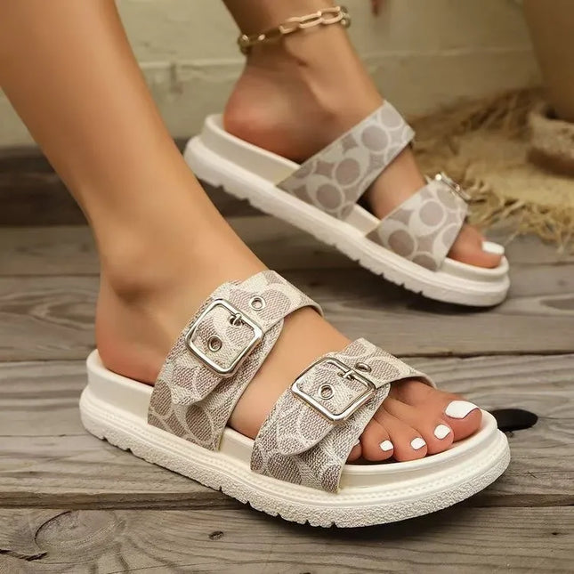 Open Toe Double Buckle Flat Sandals