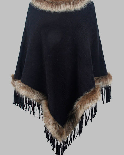 Faux Fur Trim Fringed Poncho Black One Size