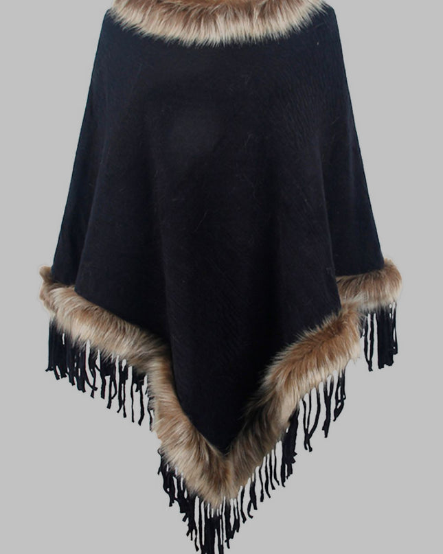 Faux Fur Trim Fringed Poncho Black One Size