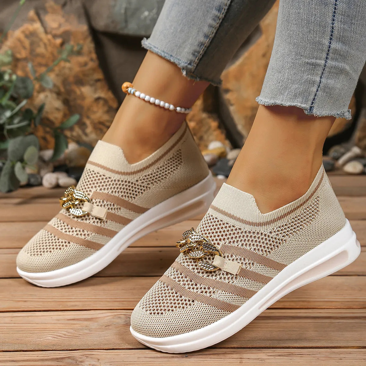 Breathable Mesh Round Toe Slip-Ons Beige