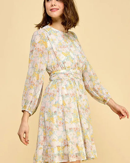 Lime 'N' Chili Chiffon Floral Print Belted Dress with Back Zipper 