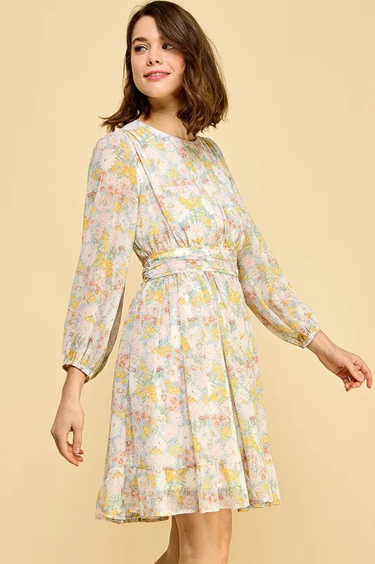 Lime 'N' Chili Chiffon Floral Print Belted Dress with Back Zipper 