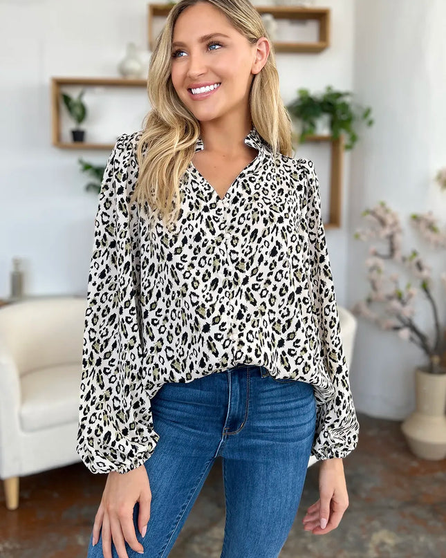 Double Take Full Size Leopard Long Sleeve Blouse