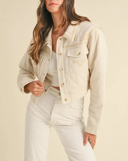 MABLE Embroidered Quilted Cropped Jacket Taupe