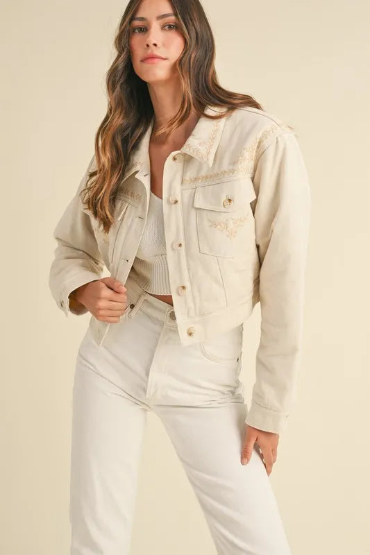 MABLE Embroidered Quilted Cropped Jacket Taupe