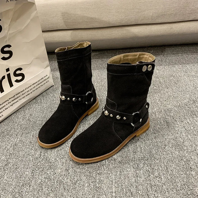 Studded Suede Mid-Calf Harness Boots