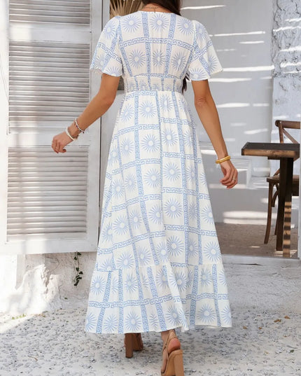 Devine Smocked Printed V-Neck Short Sleeve Maxi Dress