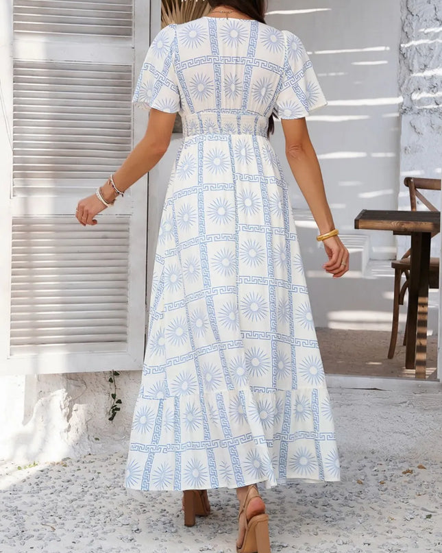 Devine Smocked Printed V-Neck Short Sleeve Maxi Dress