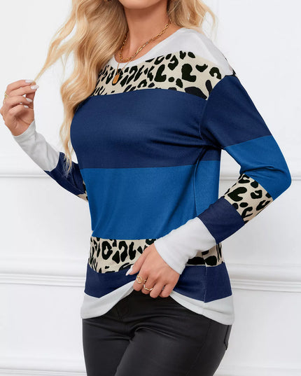 Leopard Color Block Striped Knit Top