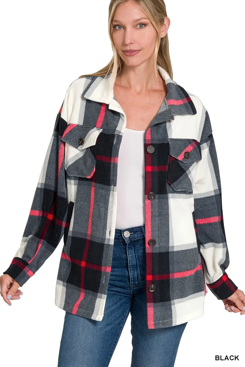 Zenana Oversized Plaid Fleece Shacket