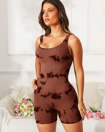 Tie-Dye Wide Strap Active Romper Brown