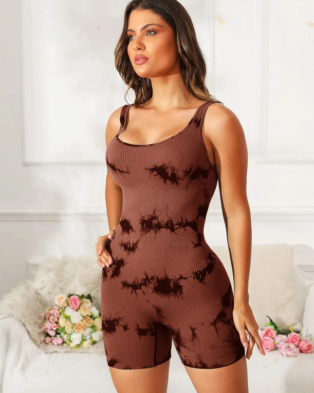 Tie-Dye Wide Strap Active Romper Brown