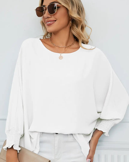 Smocked Lantern Sleeve Round Neck Blouse