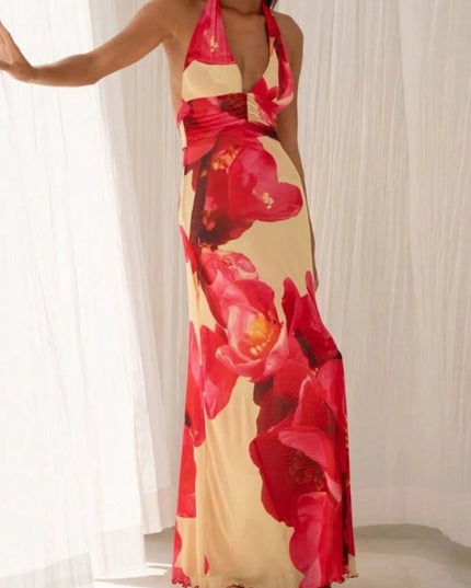 Floral Halter Neck Deep V Maxi Dress