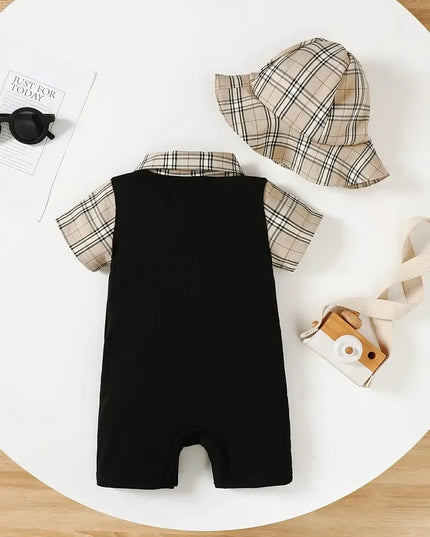 Children's Hat and Plaid Short Sleeve One-Piece Romper