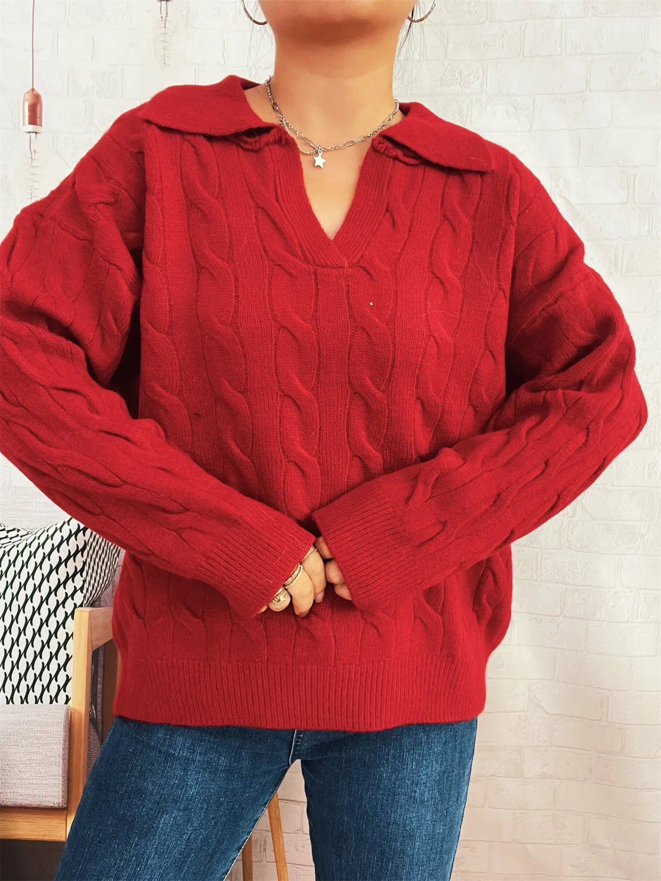 Cable Knit Johnny Collar Sweater