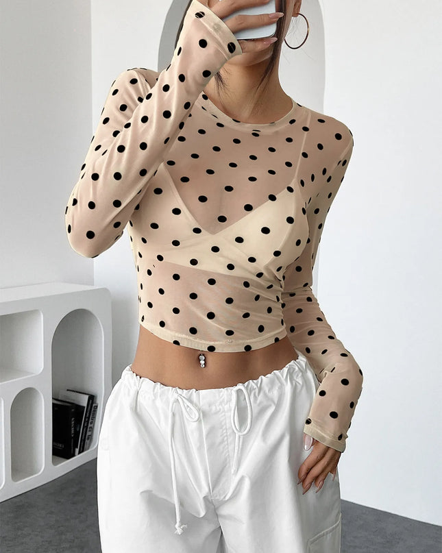 Polka Dot Mesh Long Sleeve Crop Top
