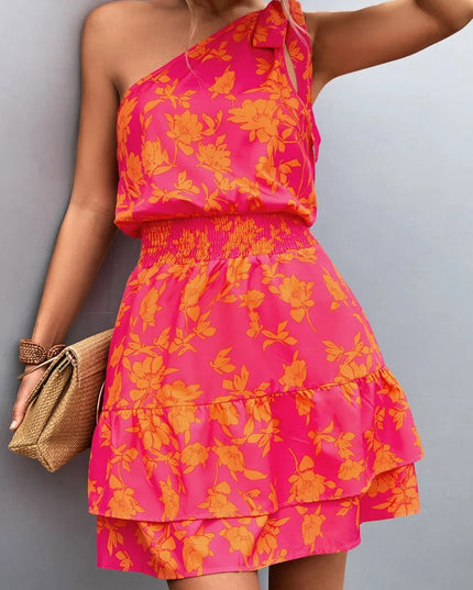 Tied Smocked Printed Single Shoulder Dress