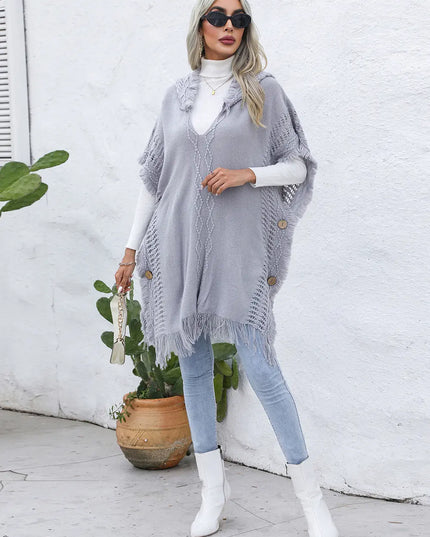 Fringe Trim Buttoned Hooded Poncho