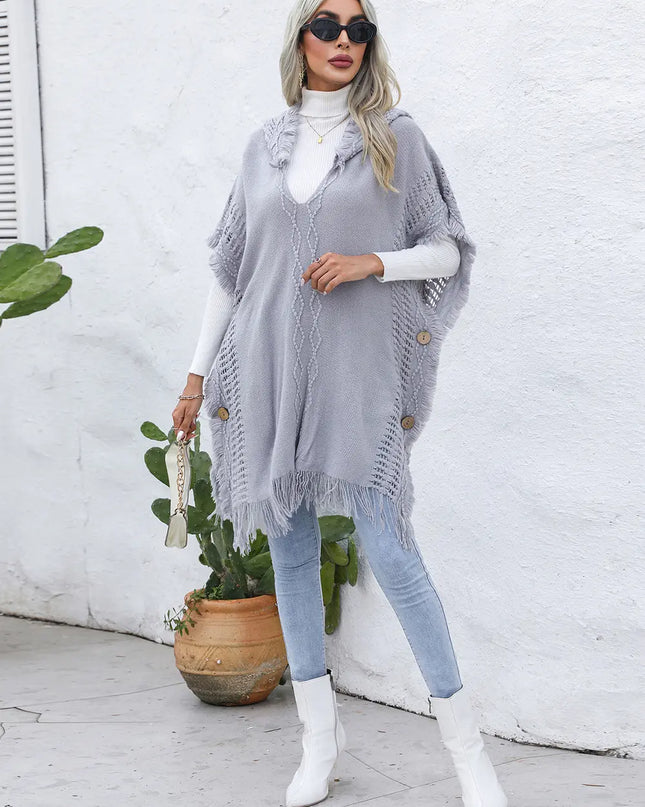 Fringe Trim Buttoned Hooded Poncho