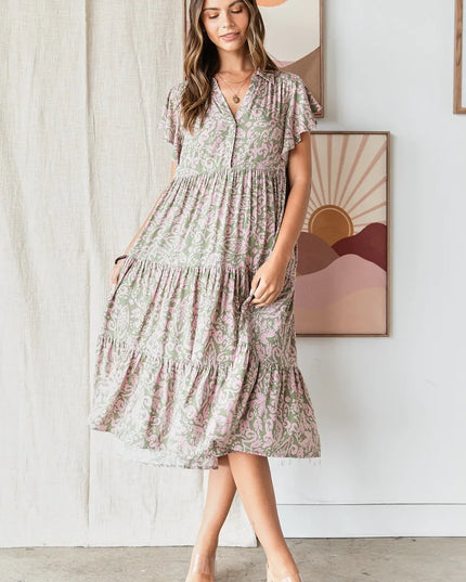Mittoshop Abstract Print Ruffle Tier Midi Dress SAGE