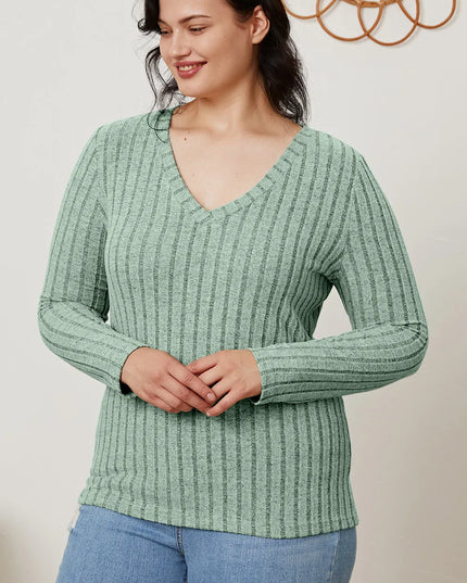 Basic Bae Full Size Ribbed V-Neck Long Sleeve T-Shirt