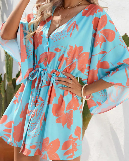 Color Block Drawstring Waist Button Up Dress Sky Blue