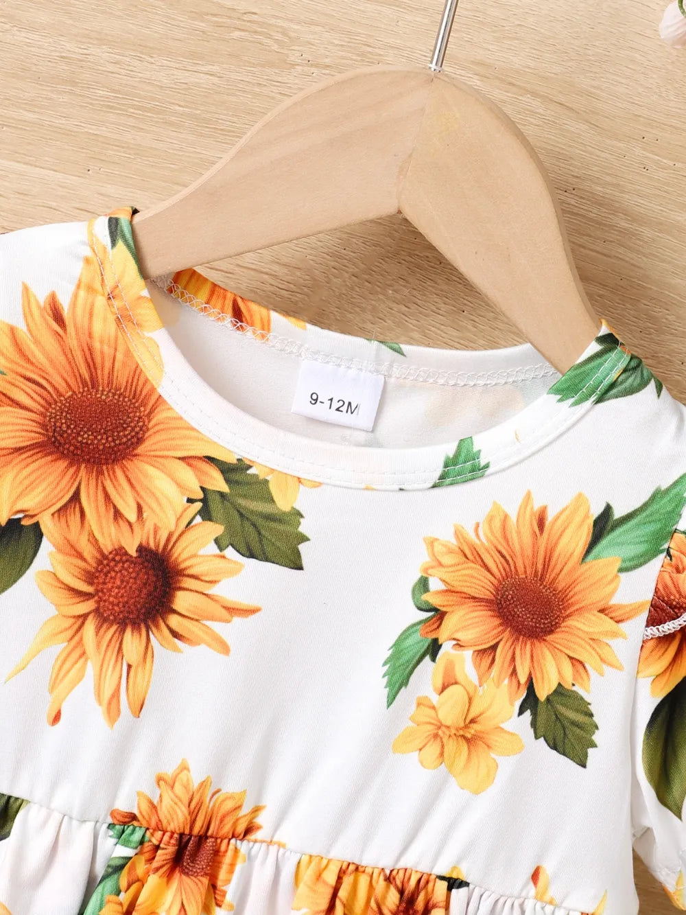 Children's Sunflower Ruffled Short Sleeve Top and Shorts Set