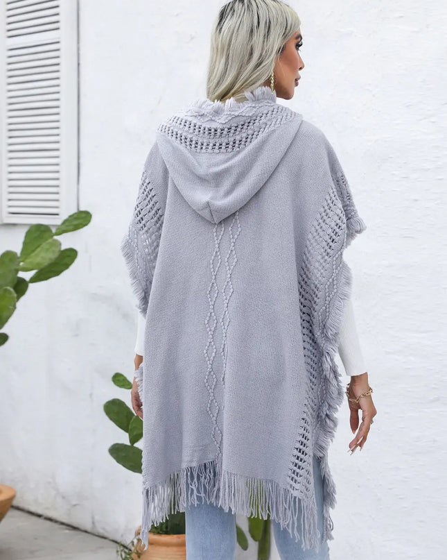 Fringe Trim Buttoned Hooded Poncho