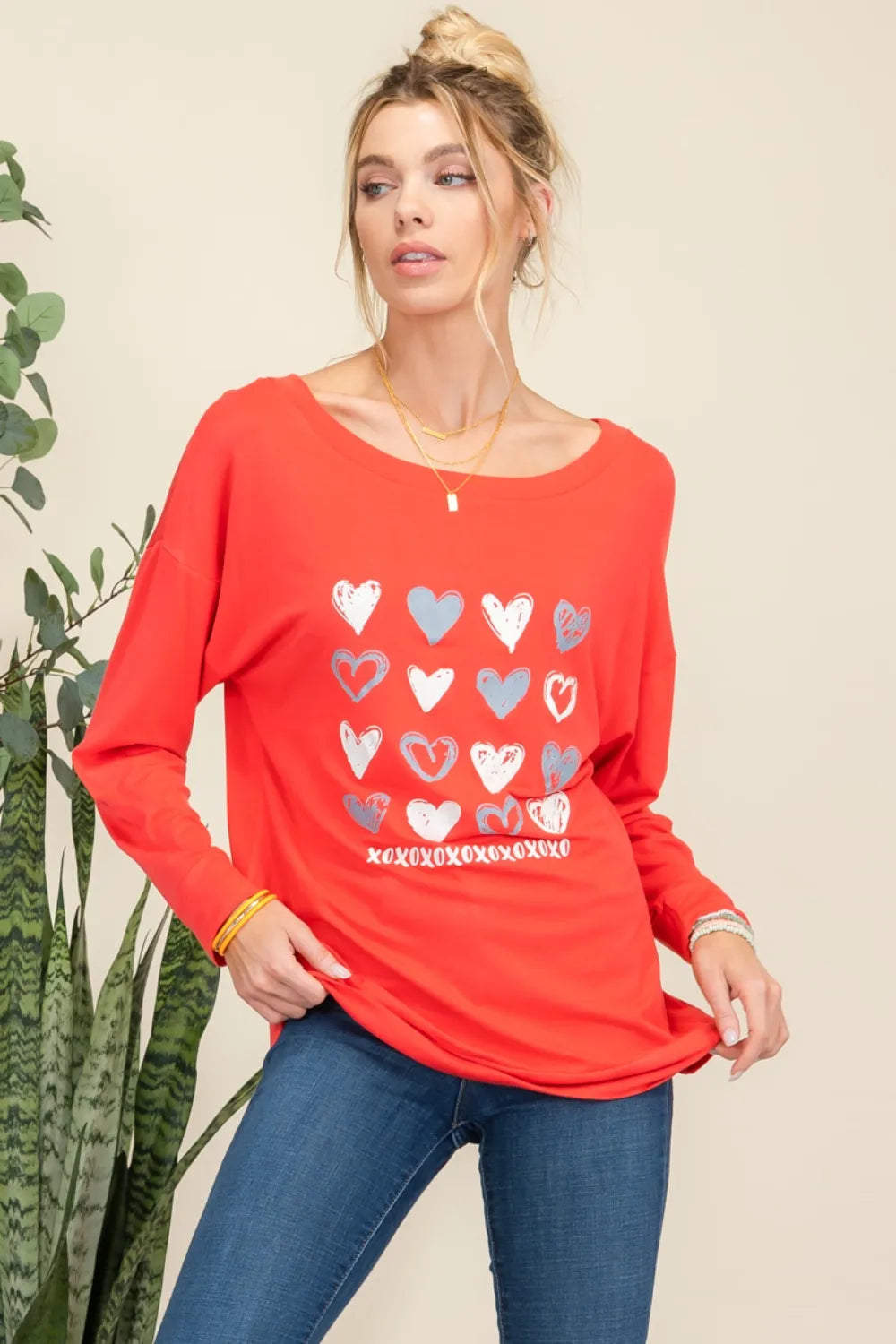 Celeste Full Size Heart Graphic Long Sleeve T-Shirt Red