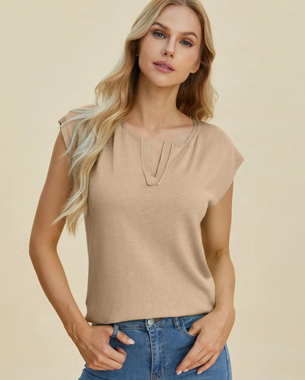 Double Take Full Size Notched Cap Sleeve Knit Top