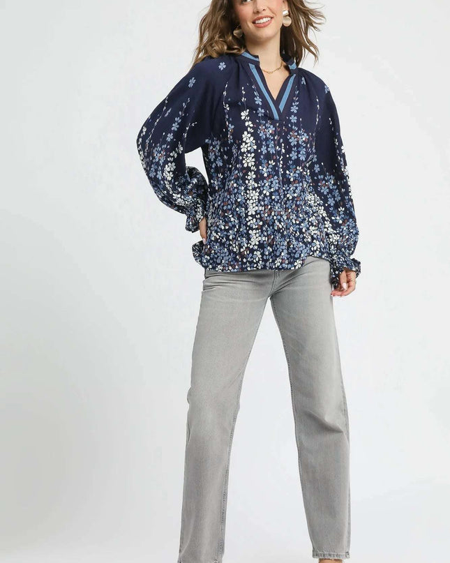 Umgee Full Size Floral Vine Print Blouse with Balloon Sleeves Plus Size