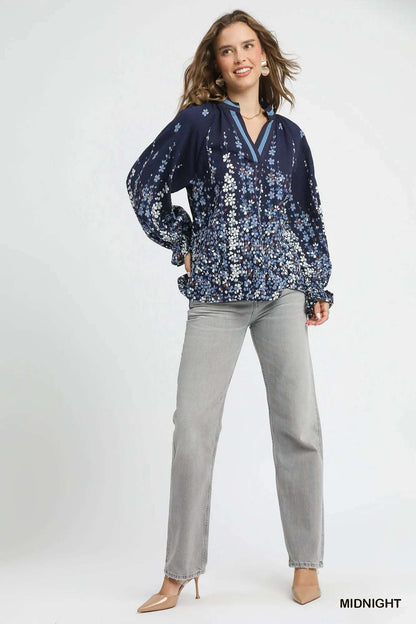 Umgee Full Size Floral Vine Print Blouse with Balloon Sleeves Plus Size