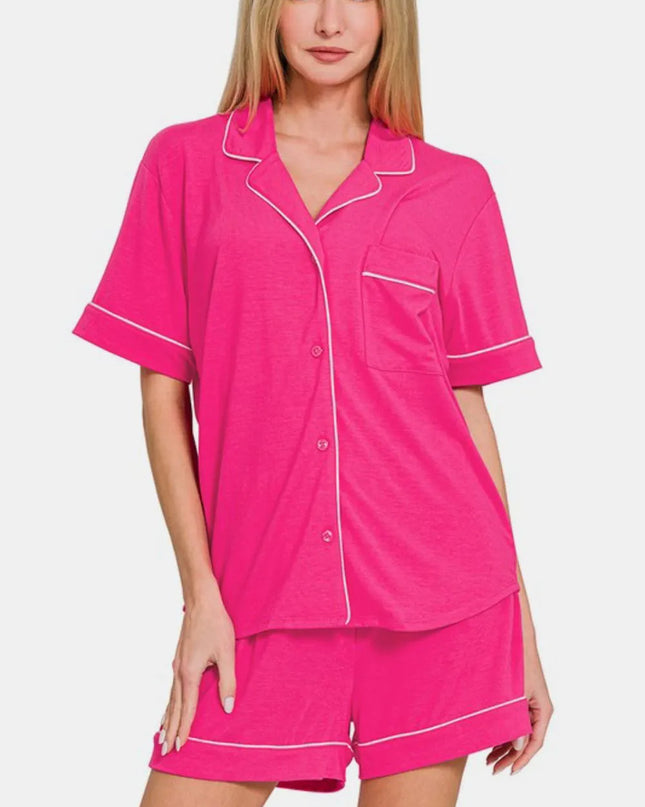 Zenana Button Down Short Sleeve Top and Shorts Lounge Set Hot Pink